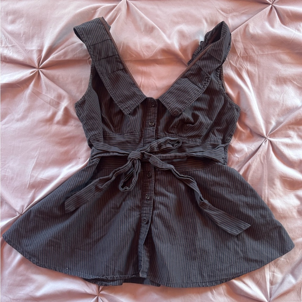 Anthropologie Odille Black and Brown Pinstripe Sleeveless Button-Up Peplum Top 0